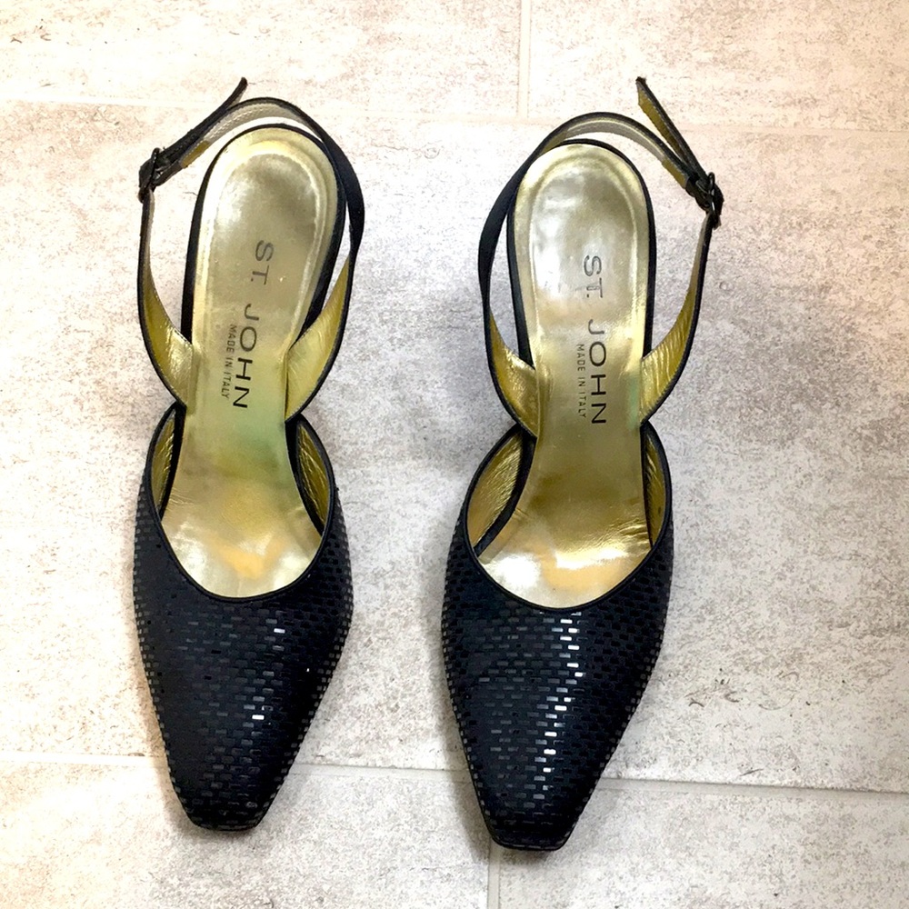 St. John Italy Shiny Black Fabric Womens 8.5 8 Heels